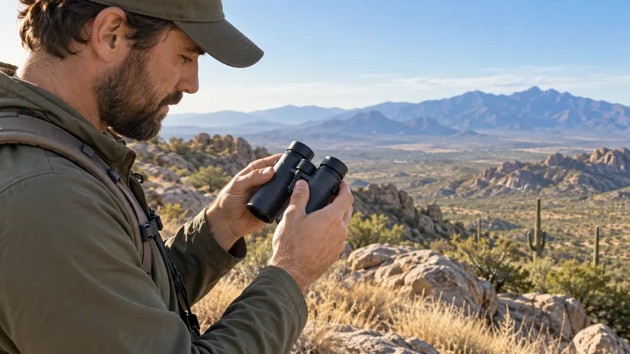 Illustrative Arizona wildlife observer using binoculars in a desert landscape