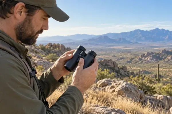 Illustrative Arizona wildlife observer using binoculars in a desert landscape