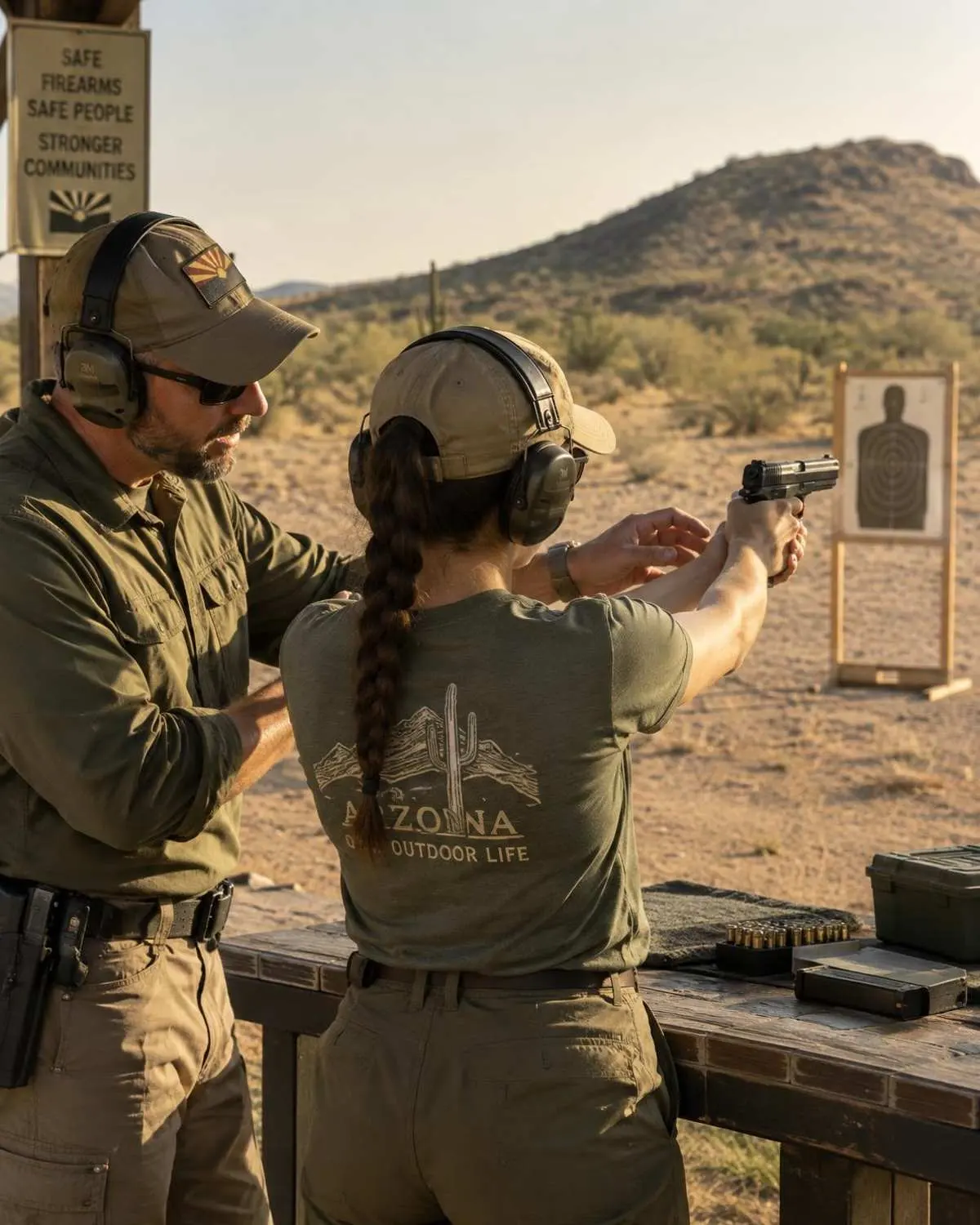 Adult instructor teaching safe firearm handling at an outdoor range