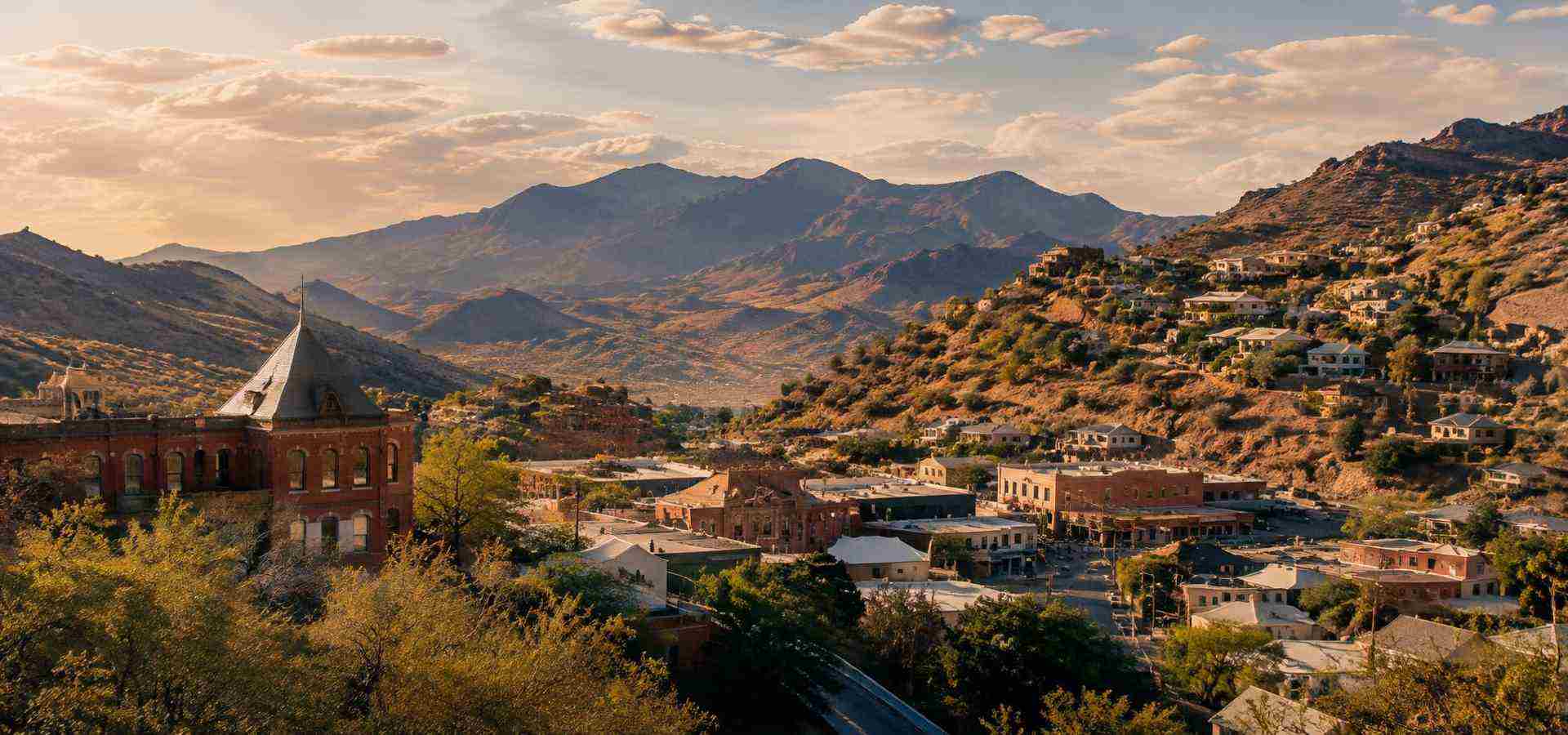 Historic town of Bisbee, Arizona, among desert hills